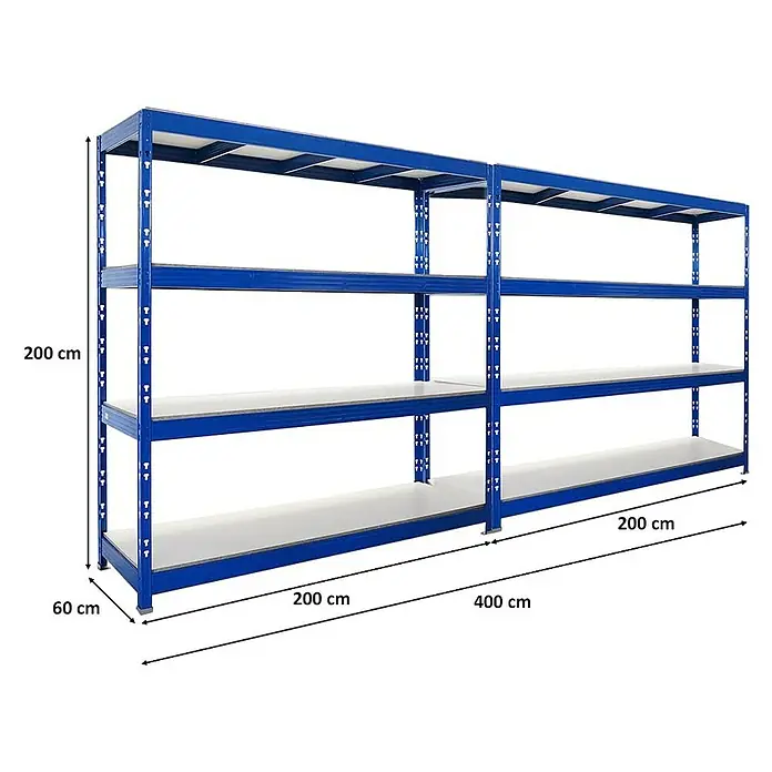 Proregal Schwerlastregal Mega Deal Profi RHINO - Traglast pro Boden: 500 kg, Anzahl Böden: 4 Stk., Stecken, Schwarz - Blaues Regal mit vier Fächern und den Maßen 200 x 60 x 200 cm, ideal für Lagerung und Organisation in Werkstatt oder Lager.