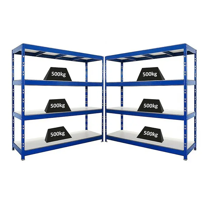 Proregal Schwerlastregal Mega Deal Profi RHINO - Traglast pro Boden: 500 kg, Anzahl Böden: 4 Stk., Stecken, Schwarz - Das Bild zeigt zwei blaue Schwerlastregale mit je drei Ebenen, auf denen jeweils Gewichte von 500 kg platziert sind.