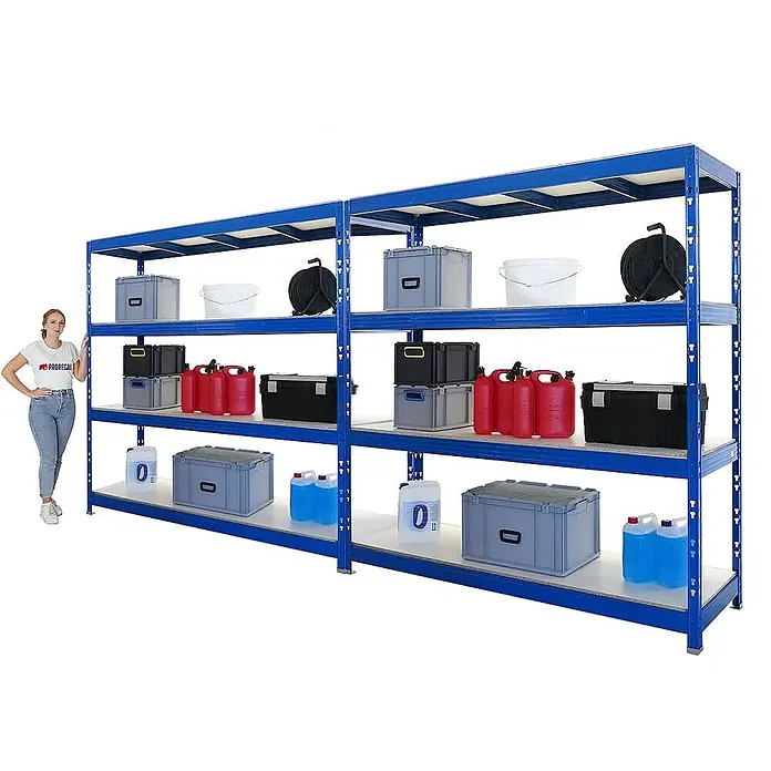 Proregal Schwerlastregal Mega Deal Profi RHINO - Traglast pro Boden: 500 kg, Anzahl Böden: 4 Stk., Stecken, Schwarz - Lagerregal mit verschiedenen Behältern und Kanistern, ideal für die Organisation von Lager- und Arbeitsbereichen.