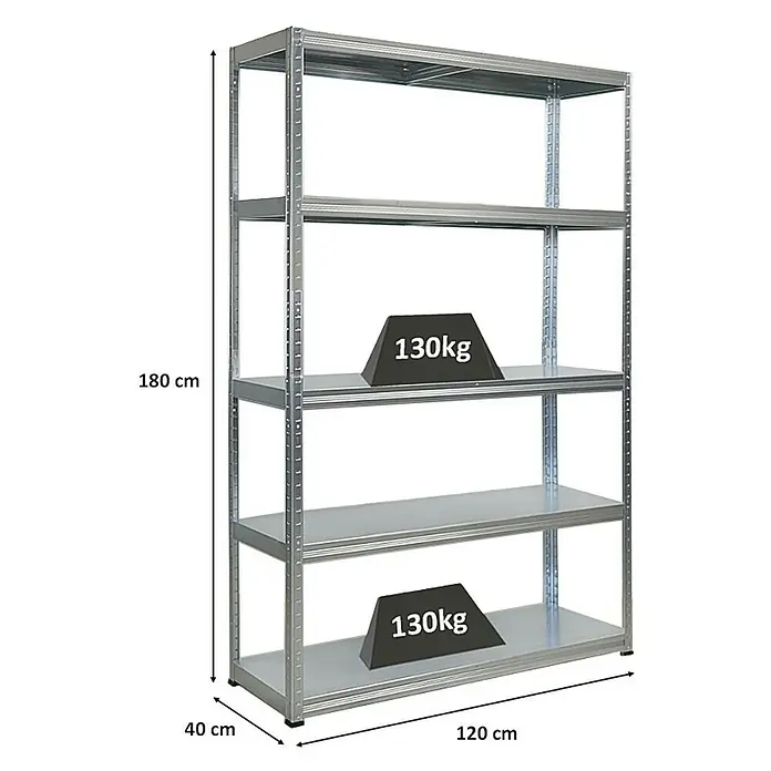 Proregal Metallregal Steel Eagle - Traglast pro Boden: 130 kg, Anzahl Böden: 5 Stk., Stecken, Verzinkt - Metallregal mit fünf Ebenen, mit Maßangaben (180 cm Höhe, 120 cm Breite, 40 cm Tiefe) und Gewichtsangaben (130 kg pro Ebene).