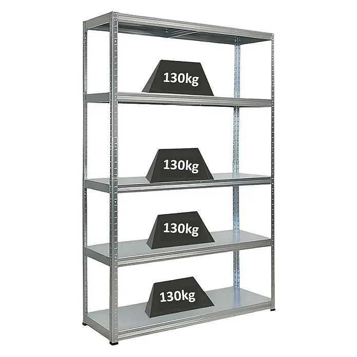 Proregal Metallregal Steel Eagle - Traglast pro Boden: 130 kg, Anzahl Böden: 5 Stk., Stecken, Verzinkt - Bild eines Regals mit vier Ebenen, jede Ebene mit einem Gewicht von 130 kg belastet, was die Stabilität des Regals unterstreicht.