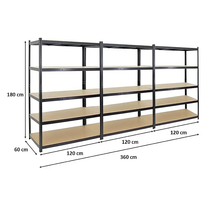Proregal Schwerlastregal Mega Deal TAURUS 3 Stück - Traglast pro Boden: 175 kg, Anzahl Böden: 5 Stk., Stecken, Schwarz - Regal mit 4 Ebenen, Gesamtlänge 360 cm, Höhe 180 cm und Tiefe 60 cm, ideal für Lagerung.