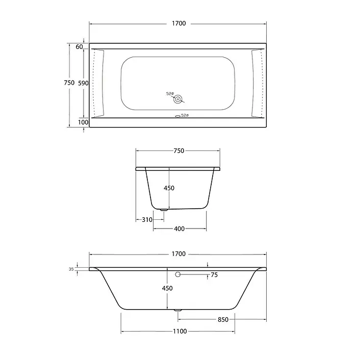 Ottofond Badewanne Palermo - 170 x 75 cm, Sanitäracryl, Weiß - Technische Zeichnung einer Badewanne mit Maßangaben in Millimetern für Installationsdetails.