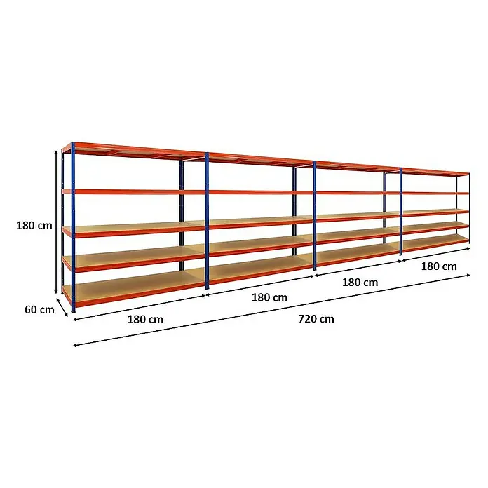 Proregal Schwerlastregal Mega Deal Giant Elephant - H x B x T: 180 x 180 x 60 cm, Traglast pro Boden: 200 kg, Anzahl Böden: 5 Stk., Stecken, Blau-Orange - Regalsystem mit vier Regalebenen. Das Regal ist 180 cm hoch, 60 cm tief und 720 cm lang. Ideal für Lager und Werkstatt.