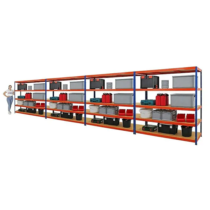Proregal Schwerlastregal Mega Deal Giant Elephant - H x B x T: 180 x 180 x 60 cm, Traglast pro Boden: 200 kg, Anzahl Böden: 5 Stk., Stecken, Blau-Orange - Langes, stabiles Lagerregal mit mehreren Ebenen und einer Vielzahl von Behältern, Werkzeugen und anderen Gegenständen zur Aufbewahrung.
