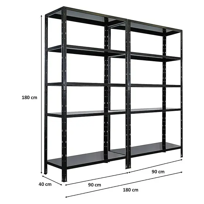 Proregal Metallregal Mega Deal Ares - Traglast pro Boden: 125 kg, Anzahl Böden: 5 Stk., Stecken, Schwarz - Abbildung eines Regalsystems mit fünf Ebenen in Schwarz, mit Maßangaben. Die Höhe beträgt 180 cm, die Tiefe 40 cm und die Breite 180 cm.