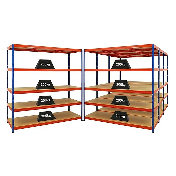 Proregal Schwerlastregal Mega Deal Giant Elephant - H x B x T: 180 x 180 x 60 cm, Traglast pro Boden: 200 kg, Anzahl Böden: 5 Stk., Stecken, Blau-Orange - Zwei Schwerlastregale, blaues Gestell, orange Regalböden mit je 200 kg Belastung. Ideal für Lagerung & Ordnung.