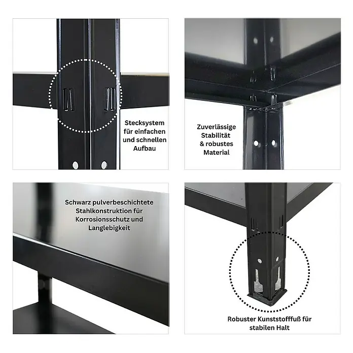 Proregal Metallregal Mega Deal Ares - Traglast pro Boden: 125 kg, Anzahl Böden: 5 Stk., Stecken, Schwarz - Detailansichten eines schwarzen Metallregals, das die Steckverbindungen, Stabilität, Stahlkonstruktion und robusten Kunststofffüße hervorhebt.