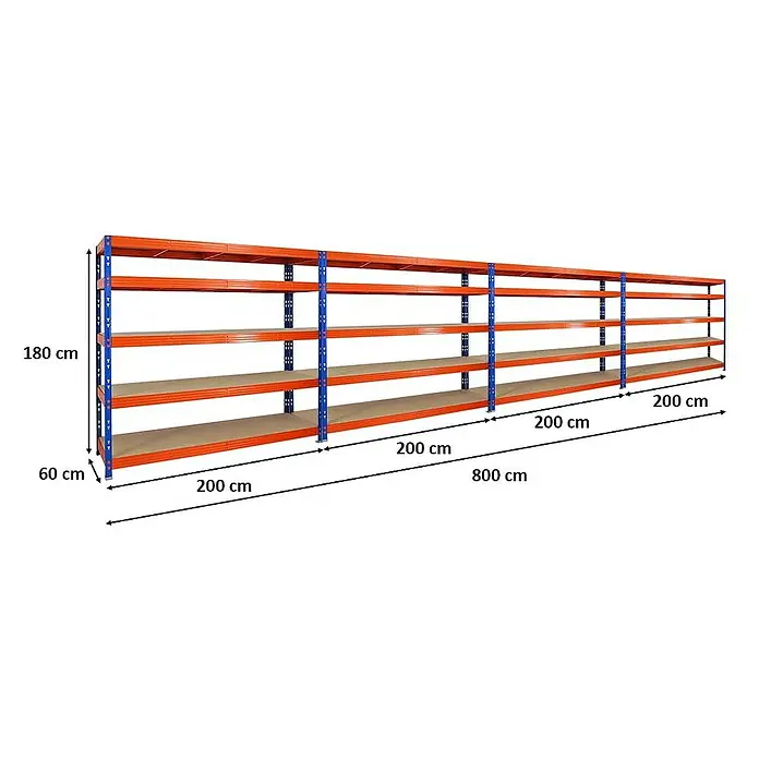 Proregal Schwerlastregal Mega Deal Profi RHINO - Traglast pro Boden: 500 kg, Anzahl Böden: 5 Stk., Stecken, Blau - Lagerregal mit vier Ebenen, orangefarbenen Trägern und blauem Rahmen. Die Regale sind ideal für Lagerung und Organisation.