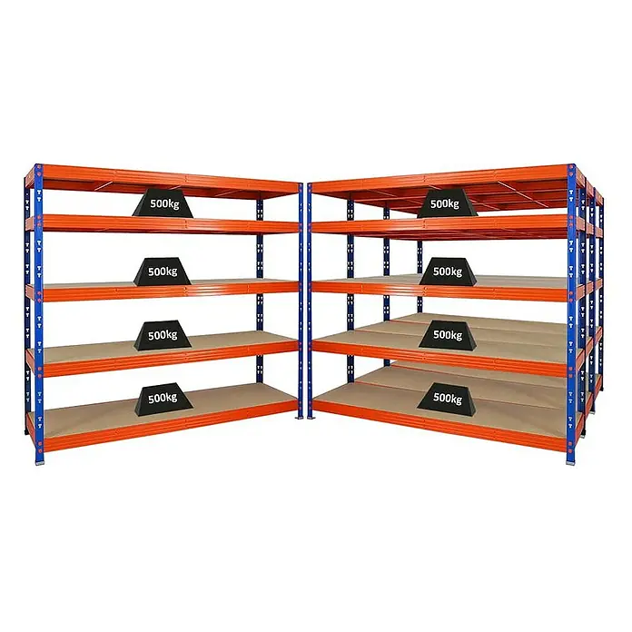 Proregal Schwerlastregal Mega Deal Profi RHINO - Traglast pro Boden: 500 kg, Anzahl Böden: 5 Stk., Stecken, Blau - Bild von zwei blauen und orangenen Palettenregalen mit mehreren schwarzen Gewichten mit der Aufschrift "500kg" darauf.