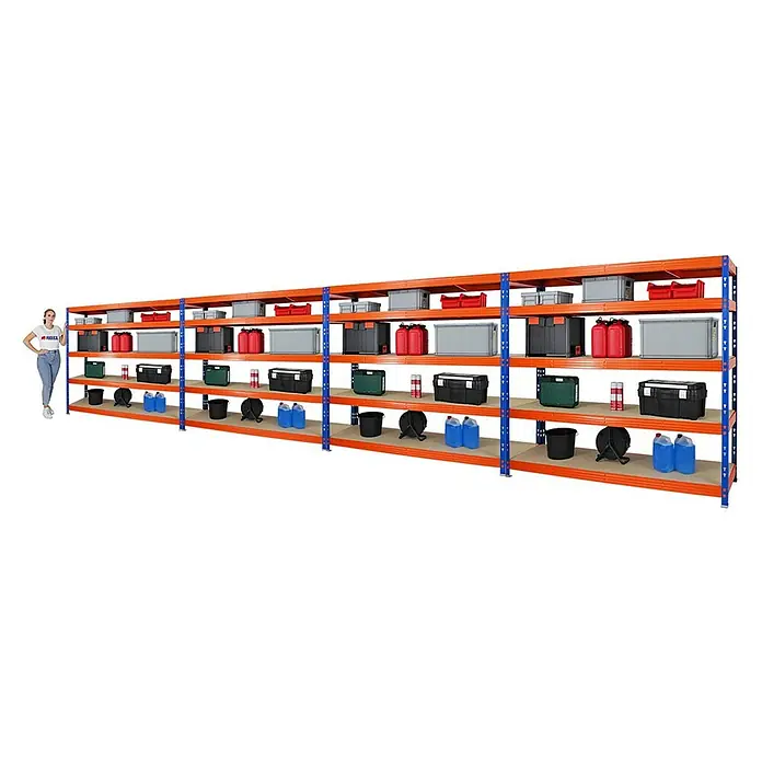 Proregal Schwerlastregal Mega Deal Profi RHINO - Traglast pro Boden: 500 kg, Anzahl Böden: 5 Stk., Stecken, Blau - Großes Lagerregal mit orangen Regalböden und blauen Rahmen, beladen mit verschiedenen Behältern und Boxen für Lagerzwecke.