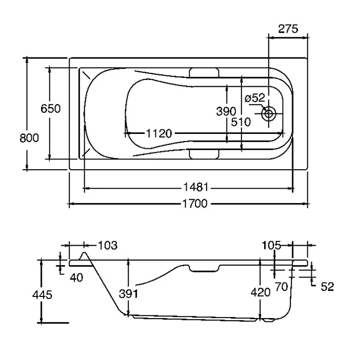 Ottofond Badewanne Suez - 170 x 80 cm, Sanitäracryl, Weiß - Technische Zeichnung einer Badewanne mit Maßangaben zu Länge, Breite und Höhe.
