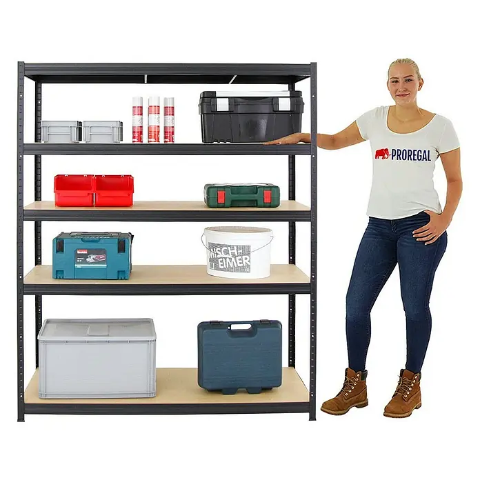 Proregal Schwerlastregal Mega Deal Giant Elephant - Traglast pro Boden: 200 kg, Anzahl Böden: 5 Stk., Stecken, Schwarz - Ein stabiles Metallregal mit fünf Regalböden, beladen mit verschiedenen Werkzeugkisten und Behältern, neben einer Frau.