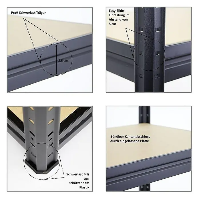 Proregal Schwerlastregal Mega Deal DINO - Traglast pro Boden: 450 kg, Anzahl Böden: 4 Stk., Stecken, Schwarz - Details des Schwerlastregals: Träger (8,5 cm), Easy-Slide-Einrastung (5 cm Abstand), Fuss aus schützendem Plastik, Kantenabschluss durch eingelassene Platte.