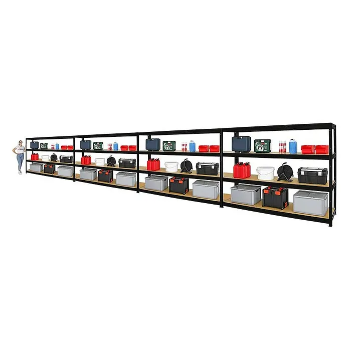 Proregal Schwerlastregal Mega Deal DINO - Traglast pro Boden: 450 kg, Anzahl Böden: 4 Stk., Stecken, Schwarz - Ein langes Regal aus Metall mit Holzböden, beladen mit einer Vielzahl von Lagerboxen und Behältern verschiedener Größen und Farben.