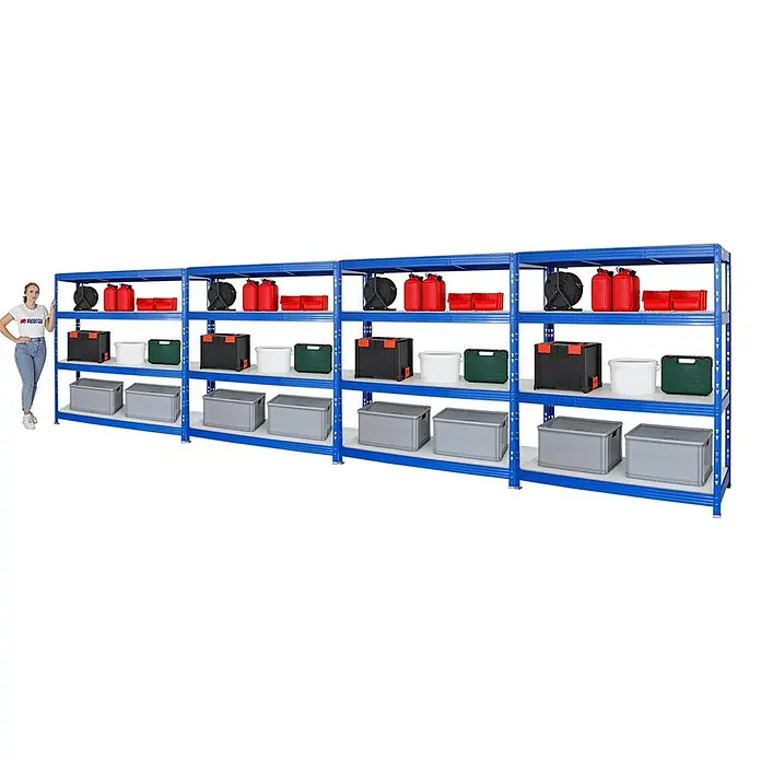 Proregal Schwerlastregal Mega Deal Profi RHINO - H x B x T: 180 x 160 x 60 cm, Traglast pro Boden: 500 kg, Anzahl Böden: 4 Stk., Stecken, Blau - Blaues Schwerlastregal mit vier Ebenen und verschiedenen Boxen und Behältern, eine Frau steht daneben zur Größenorientierung.