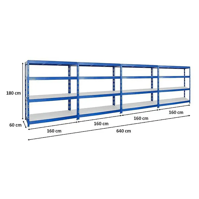Proregal Schwerlastregal Mega Deal Profi RHINO - H x B x T: 180 x 160 x 60 cm, Traglast pro Boden: 500 kg, Anzahl Böden: 4 Stk., Stecken, Blau - Abbildung eines blauen Schwerlastregals mit drei Regalebenen und den Maßen 180x60x160 cm.