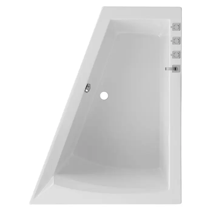 Ottofond Raumsparbadewanne Cebu 2 A - 175 x 135 cm, Sanitäracryl, Weiß, Rechts - Eine Draufsicht auf eine moderne, trapezförmige Badewanne mit Armaturen und Ablauf. Das Design ist minimalistisch und funktional.