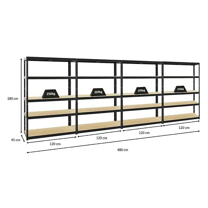 Proregal Schwerlastregal Mega Deal Big Elephant S - H x B x T: 180 x 120 x 45 cm, Traglast pro Boden: 250 kg, Anzahl Böden: 5 Stk., Stecken, Schwarz - Abbildung eines Schwerlastregalsystems aus Metall mit vier Regalebenen und Gewichtsangaben zur Veranschaulichung der Traglast.