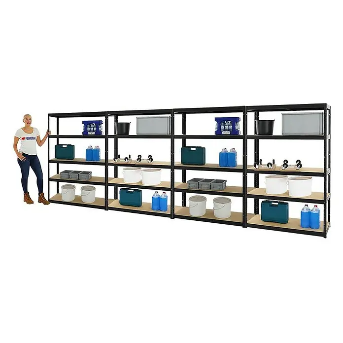 Proregal Schwerlastregal Mega Deal Big Elephant S - H x B x T: 180 x 120 x 45 cm, Traglast pro Boden: 250 kg, Anzahl Böden: 5 Stk., Stecken, Schwarz - Schwarzes Metallregal mit vier Regalböden zur Aufbewahrung verschiedener Gegenstände wie Behälter, Eimer und Kisten.