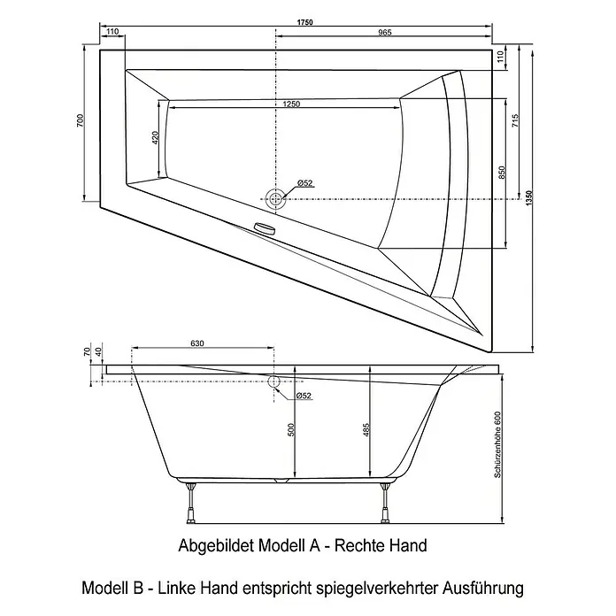 Ottofond Whirlpool Cebu 2 A - Rechtsseitig, 175 x 135 cm, Sanitäracryl, Weiß - Zeichnung einer Eckbadewanne mit den Maßen 1750 x 1350 mm, die die Abmessungen und Details der Badewanne zeigt.