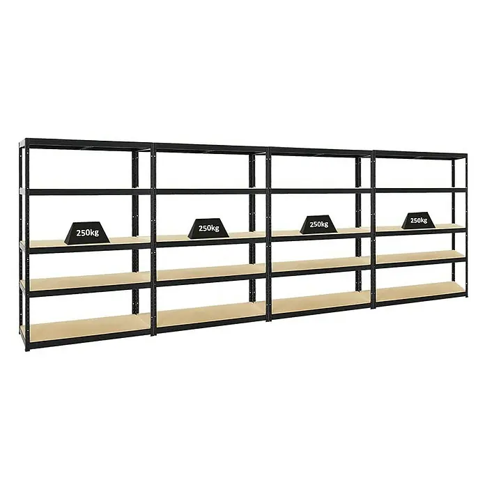 Proregal Schwerlastregal Mega Deal Big Elephant S - H x B x T: 180 x 120 x 45 cm, Traglast pro Boden: 250 kg, Anzahl Böden: 5 Stk., Stecken, Schwarz - Mehrteiliges, schwarzes Metallregal mit vier Ebenen und Gewichtsangabe, die die Traglast der Regale verdeutlicht.