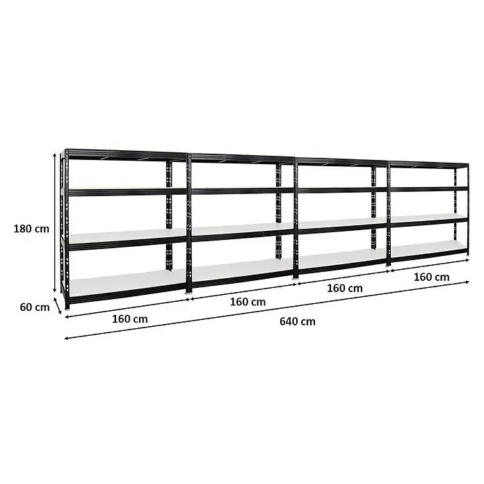 Proregal Schwerlastregal Mega Deal Profi RHINO - Traglast pro Boden: 500 kg, Anzahl Böden: 4 Stk., Stecken, Schwarz - Schwarzes Schwerlastregal mit vier Ebenen für Lager und Werkstatt. Das Regal ist 180 cm hoch und 640 cm breit.