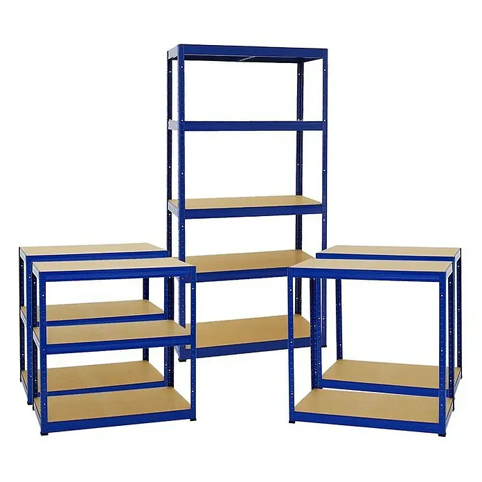 Proregal Schwerlastregal Mega Deal Slim Elephant S - H x B x T: 180 x 90 x 45 cm, Traglast pro Boden: 350 kg, Anzahl Böden: 5 Stk., Stecken, Blau - Mehrere blaue Regale mit hellbraunen Regalböden in verschiedenen Größen aufgereiht vor einem weißen Hintergrund.