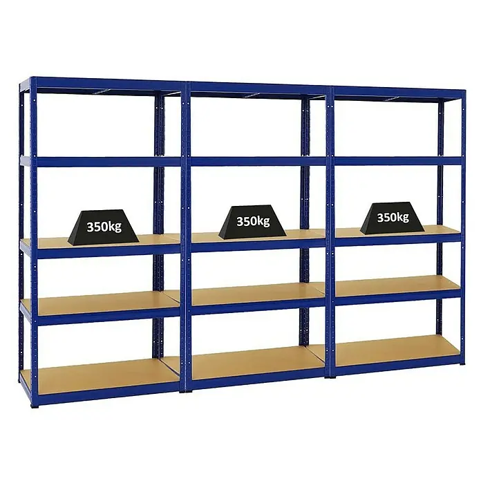Proregal Schwerlastregal Mega Deal Slim Elephant S - H x B x T: 180 x 90 x 45 cm, Traglast pro Boden: 350 kg, Anzahl Böden: 5 Stk., Stecken, Blau - Regal mit mehreren Ebenen, die jeweils mit Gewichten von 350 kg belastet sind, ideal für Lager und Organisation.