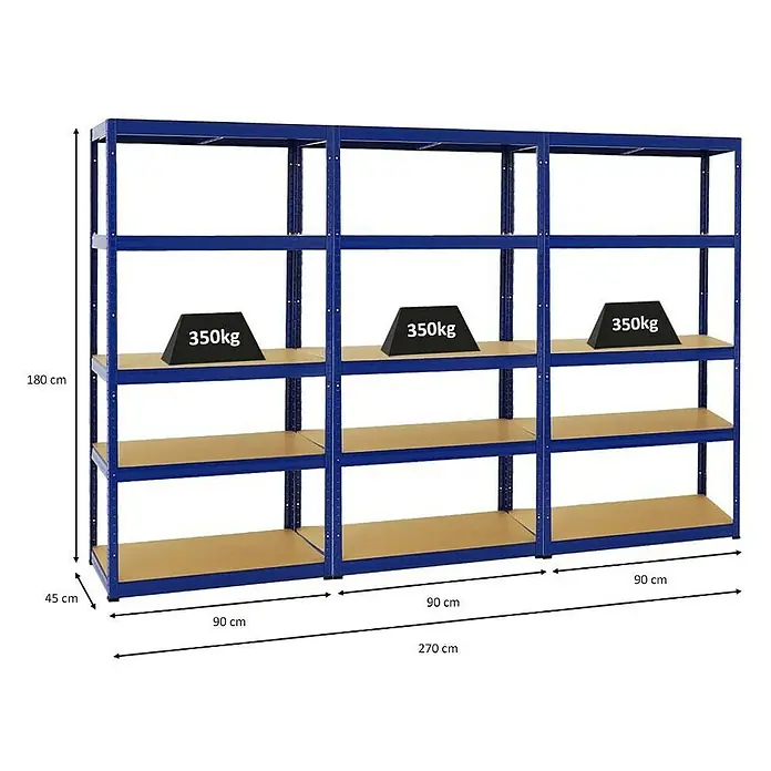 Proregal Schwerlastregal Mega Deal Slim Elephant S - H x B x T: 180 x 90 x 45 cm, Traglast pro Boden: 350 kg, Anzahl Böden: 5 Stk., Stecken, Blau - Regal mit vier Fächern und blauem Rahmen, mit Gewichten auf einer Ebene zur Veranschaulichung der Traglast.