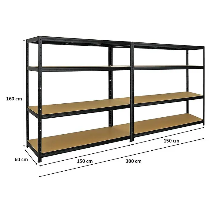 Proregal Schwerlastregal Mega Deal Giant Elephant - Traglast pro Boden: 200 kg, Anzahl Böden: 4 Stk., Stecken, Schwarz - Bild eines schwarzen Metallregals mit vier Regalböden und den Maßen 160 x 60 x 300 cm.