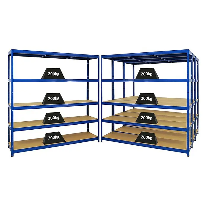 Proregal Schwerlastregal Mega Deal Giant Elephant - H x B x T: 180 x 180 x 45 cm, Traglast pro Boden: 200 kg, Anzahl Böden: 5 Stk., Stecken, Blau - Schwerlastregale: Zwei blaue Schwerlastregale mit jeweils vier bzw. fünf Böden, mit Gewichten auf jedem Boden zur Demonstration der Traglast.