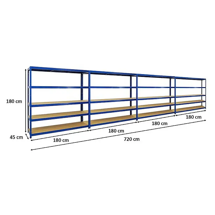 Proregal Schwerlastregal Mega Deal Giant Elephant - H x B x T: 180 x 180 x 45 cm, Traglast pro Boden: 200 kg, Anzahl Böden: 5 Stk., Stecken, Blau - Lagerregal mit vier Ebenen, blaues Gestell und Holzregalböden. Gesamtgröße 720 cm breit, 180 cm hoch und 45 cm tief.