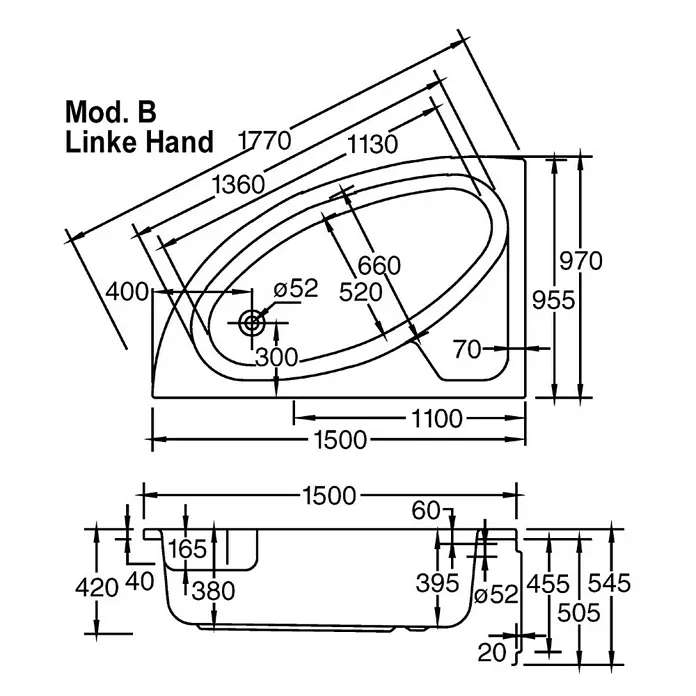 Ottofond Raumsparbadewanne Sansibar B - 150 x 97 cm, Sanitäracryl, Weiß, Links - Technische Zeichnung einer Badewanne Modell B, Linke Hand, mit Maßen und Details für die Installation.