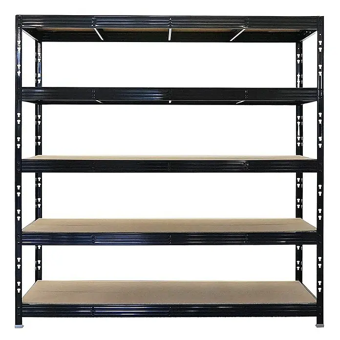 Proregal Schwerlastregal Mega Deal Profi RHINO - Traglast pro Boden: 500 kg, Anzahl Böden: 5 Stk., Stecken, Schwarz - Ein schwarzes Metallregal mit fünf Regalböden zur Lagerung von Gegenständen aller Art. Praktisch und robust.