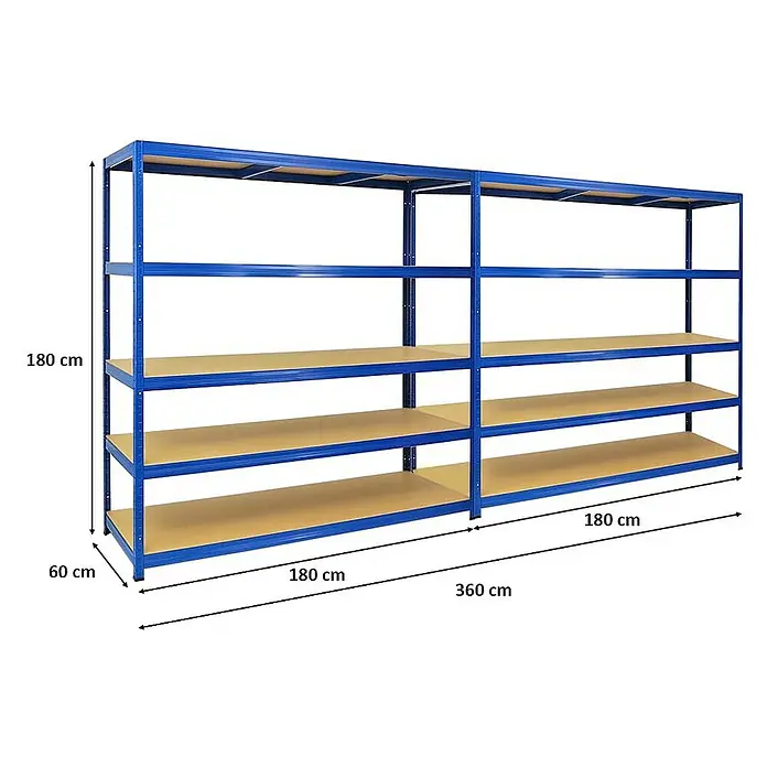 Proregal Schwerlastregal Mega Deal Giant Elephant - H x B x T: 180 x 180 x 60 cm, Traglast pro Boden: 200 kg, Anzahl Böden: 5 Stk., Stecken, Blau - Blaues Schwerlastregal mit vier Regalböden und Maßangaben, ideal für Lagerung und Ordnung in Werkstatt oder Garage.