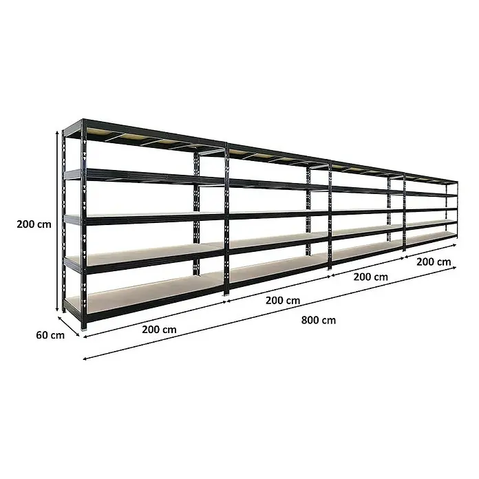 Proregal Schwerlastregal Mega Deal Profi RHINO - Traglast pro Boden: 500 kg, Anzahl Böden: 5 Stk., Stecken, Schwarz - Abbildung eines langen, schwarzen Metallregalsystems mit vier Ebenen und den Maßen 200 x 60 x 800 cm.
