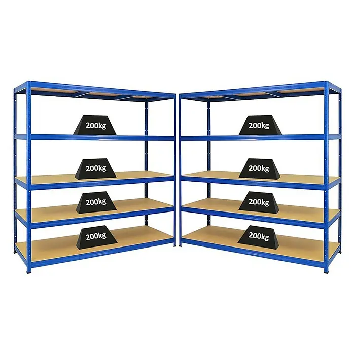 Proregal Schwerlastregal Mega Deal Giant Elephant - H x B x T: 180 x 180 x 60 cm, Traglast pro Boden: 200 kg, Anzahl Böden: 5 Stk., Stecken, Blau - Zwei blaue Schwerlastregale mit fünf Ebenen, jede mit einem 200kg Gewicht belastet, demonstrieren Stabilität und Belastbarkeit.
