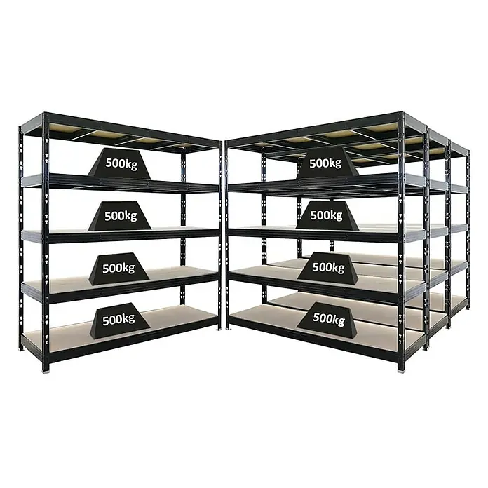 Proregal Schwerlastregal Mega Deal Profi RHINO - Traglast pro Boden: 500 kg, Anzahl Böden: 5 Stk., Stecken, Schwarz - Bild von Schwerlastregalen mit je 500kg Last pro Ebene. Die Regale sind stabil und bieten viel Stauraum für schwere Gegenstände.