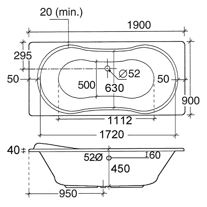Ottofond Badewanne Savona - 190 x 90 cm, Sanitäracryl, Weiß - Technische Zeichnung einer Badewanne mit Maßangaben für Design und Installation.
