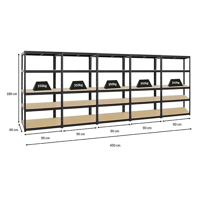 Proregal Schwerlastregal Mega Deal Slim Elephant M - Traglast pro Boden: 350 kg, Anzahl Böden: 5 Stk., Stecken, Schwarz - Ein Bild von einem schwarzen Metallregal mit vier Regalböden, von denen einer mit Gewichten von 350 kg belastet ist.