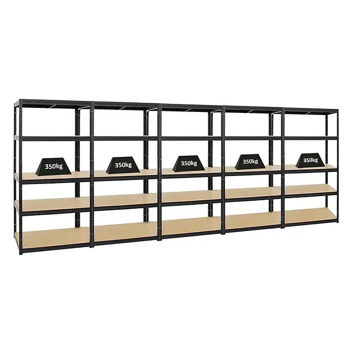 Proregal Schwerlastregal Mega Deal Slim Elephant M - Traglast pro Boden: 350 kg, Anzahl Böden: 5 Stk., Stecken, Schwarz - Schwarzes Schwerlastregal mit Holzregalböden und Gewichten auf der mittleren Ebene.