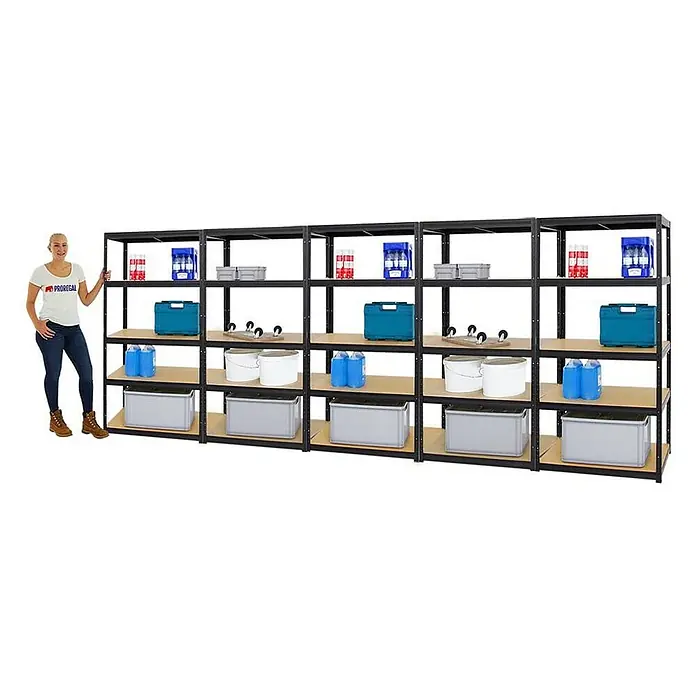 Proregal Schwerlastregal Mega Deal Slim Elephant M - Traglast pro Boden: 350 kg, Anzahl Böden: 5 Stk., Stecken, Schwarz - Ein beeindruckendes, zusammengebautes Metallregal mit vier Etagen und diversen Gegenständen auf jeder Ebene.