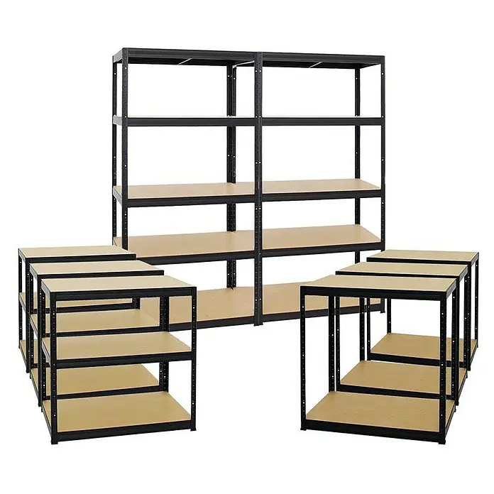 Proregal Schwerlastregal Mega Deal Slim Elephant M - Traglast pro Boden: 350 kg, Anzahl Böden: 5 Stk., Stecken, Schwarz - Abbildung von schwarzen Metallregalen mit Spanplattenböden. Die Regale sind vielseitig und bieten Stauraum.