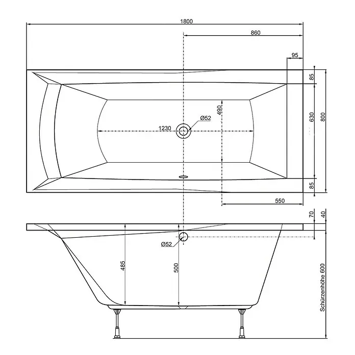 Ottofond Badewanne Tacoma - 180 x 80 cm, Sanitäracryl, Weiß - Technische Zeichnung einer rechteckigen Badewanne mit Maßen für Installation, Abmessungen und Design.