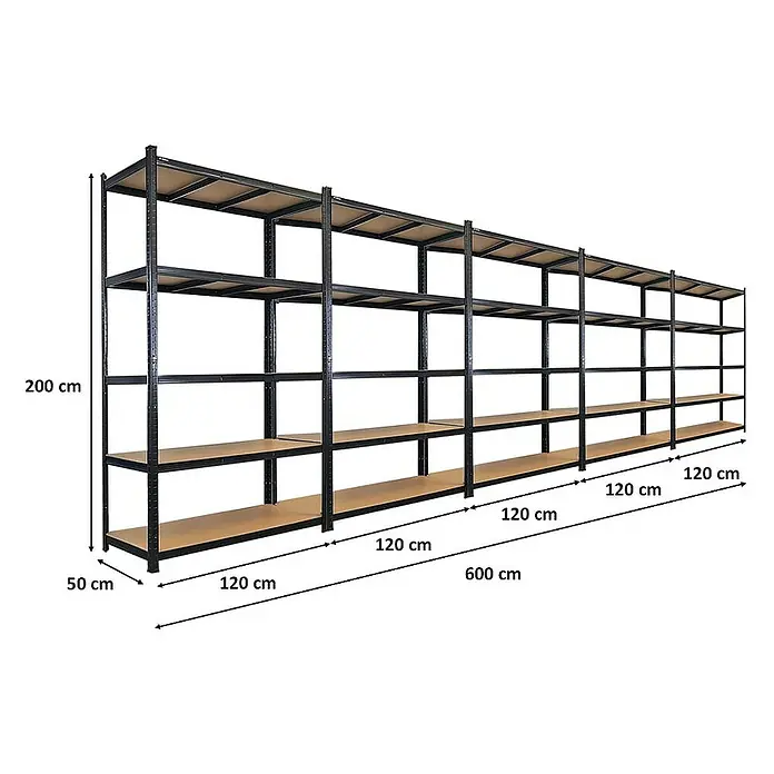 Proregal Schwerlastregal Mega Deal Giant Ragnar - Traglast pro Boden: 175 kg, Anzahl Böden: 5 Stk., Stecken, Schwarz - Langes, schwarzes Metallregal mit vier Regalböden und den Maßen 200 cm Höhe, 50 cm Tiefe und 600 cm Breite.