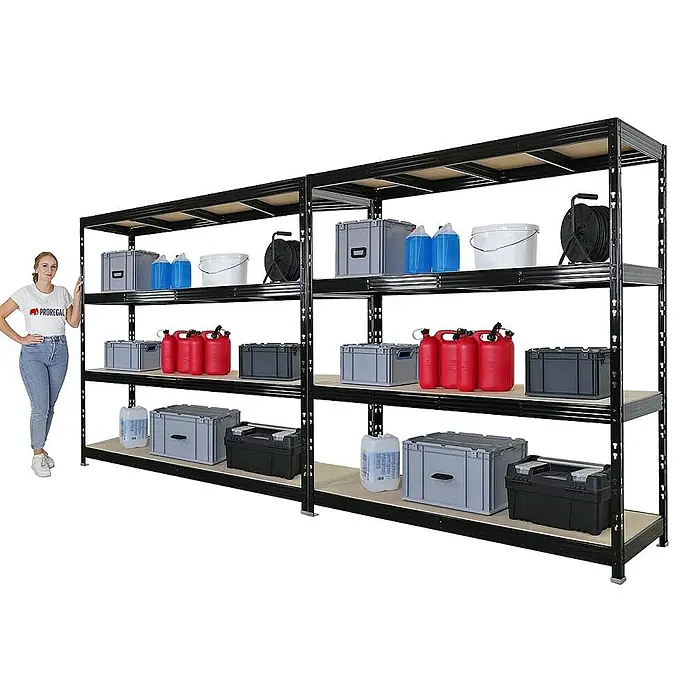 Proregal Schwerlastregal Mega Deal Profi RHINO - Traglast pro Boden: 500 kg, Anzahl Böden: 4 Stk., Stecken, Schwarz - Vielseitiges Schwerlastregal mit vier Ebenen, ideal für Garage und Lager. Robuste Konstruktion für maximale Belastbarkeit.