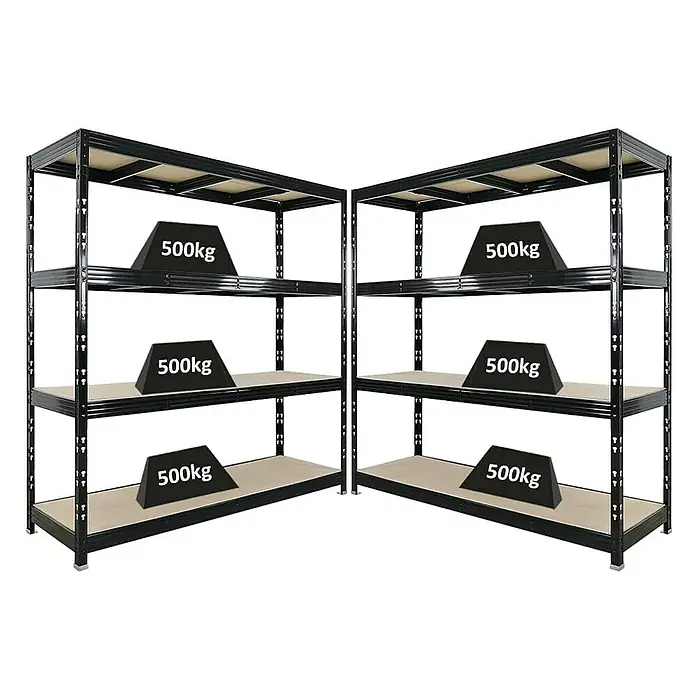 Proregal Schwerlastregal Mega Deal Profi RHINO - Traglast pro Boden: 500 kg, Anzahl Böden: 4 Stk., Stecken, Schwarz - Regal mit drei Ebenen, das jeweils mit einem 500kg Gewicht belastet ist, ideal für Lagerung und Organisation.