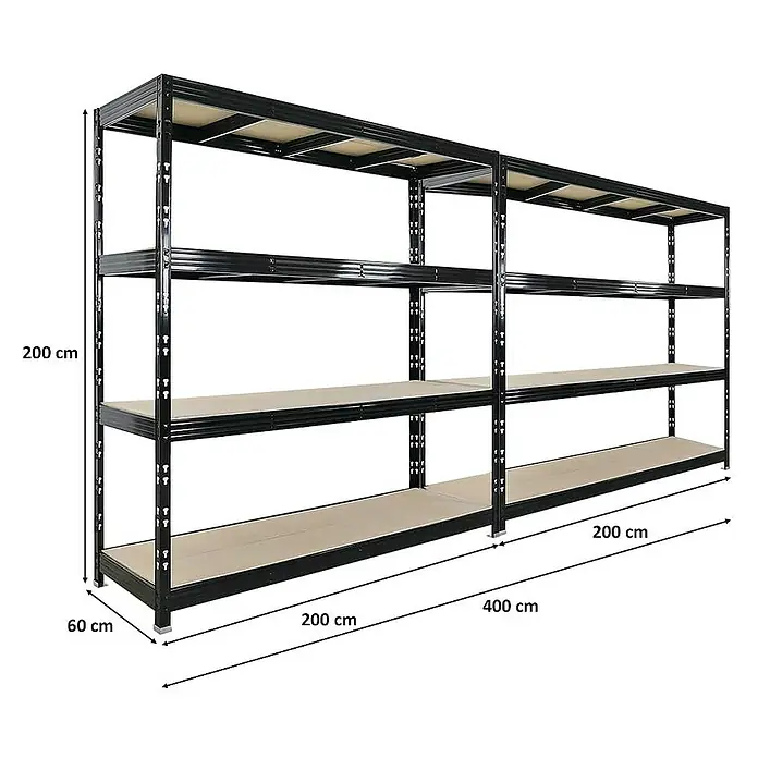 Proregal Schwerlastregal Mega Deal Profi RHINO - Traglast pro Boden: 500 kg, Anzahl Böden: 4 Stk., Stecken, Schwarz - Schwarzes Metallregal mit vier Böden für Lagerung oder Werkstatt mit den Maßen 200x60x200 cm bzw. 400x60x200 cm.