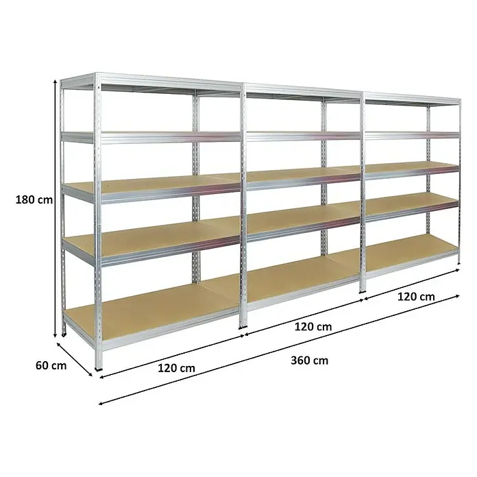 Proregal Schwerlastregal Mega Deal Rivet - Traglast pro Boden: 250 kg, Anzahl Böden: 5 Stk., Stecken, Verzinkt - Produktbild eines langen, silberfarbenen Metallregals mit Holzregalböden. Das Regal ist 180 cm hoch und 360 cm breit.